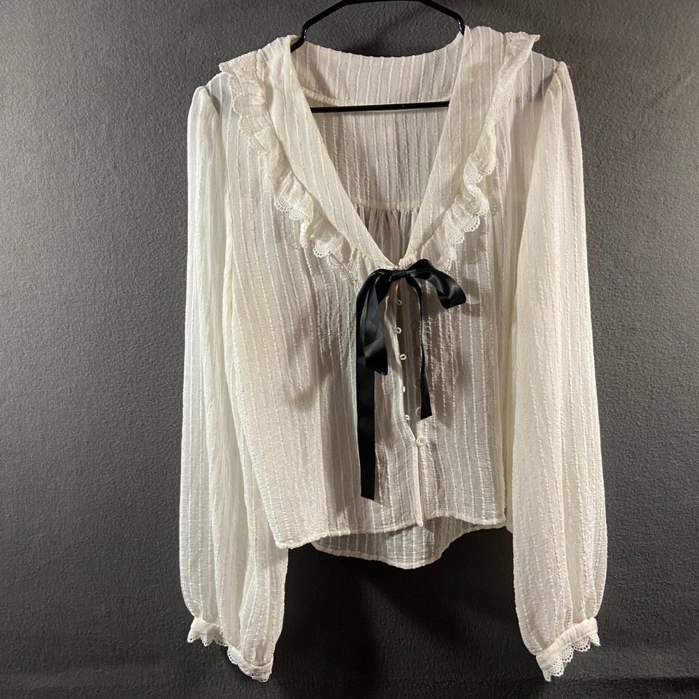 coquette top Ruffle Lace Bow Sheer White pirate ren faire victorian cottagecore